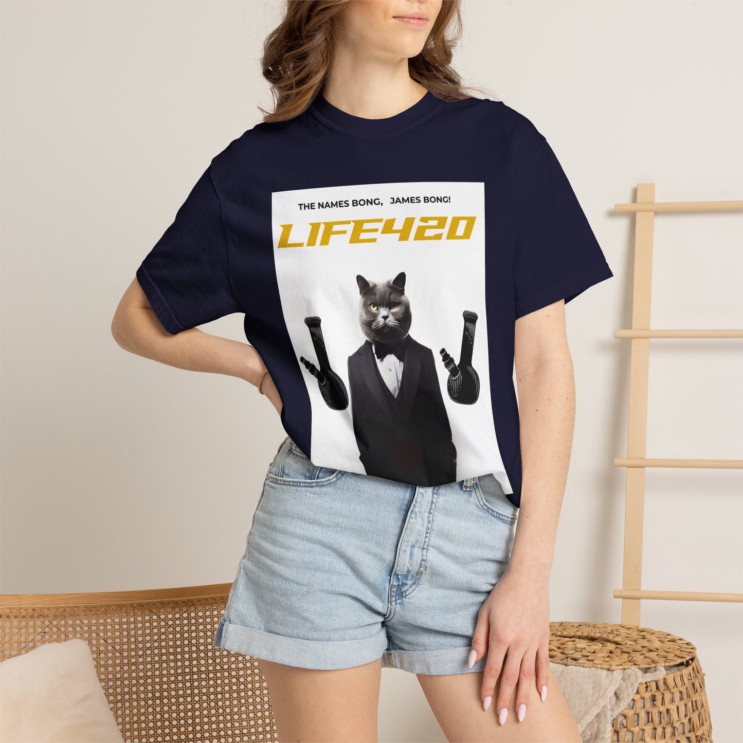 T-Shirt — 'LIFE420' Cat in Tuxedo Graphic Tee (James Bond Parody)