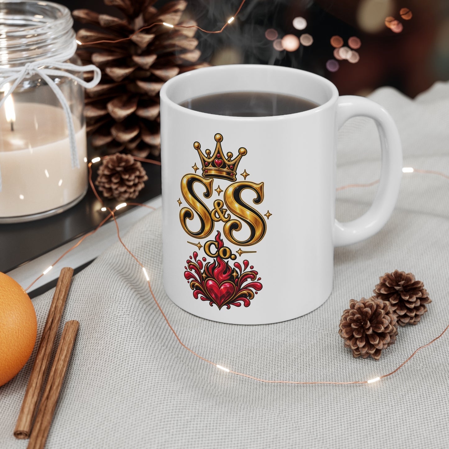 S&S Co. Crowned Heart 11oz Ceramic Mug — Retro Gold Logo Coffee Cup