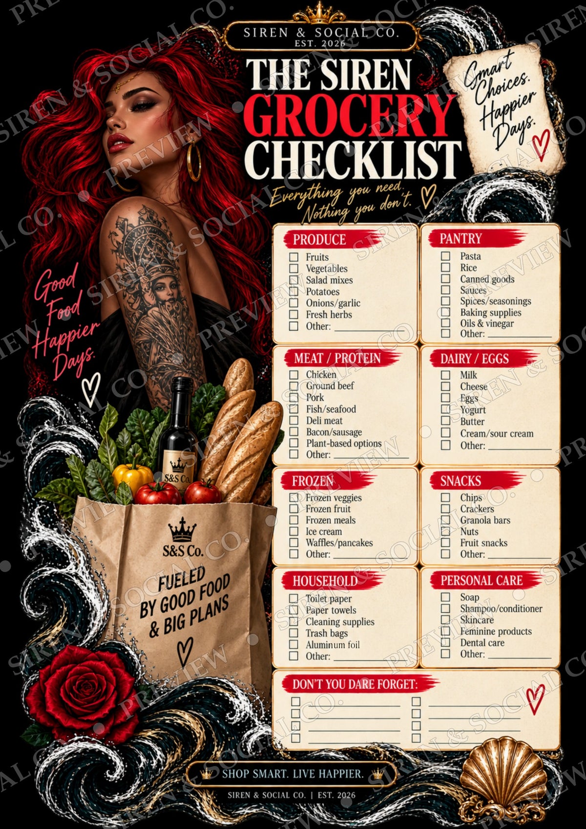 Inside pages of The Siren Grocery Checklist by Siren and Social Co.