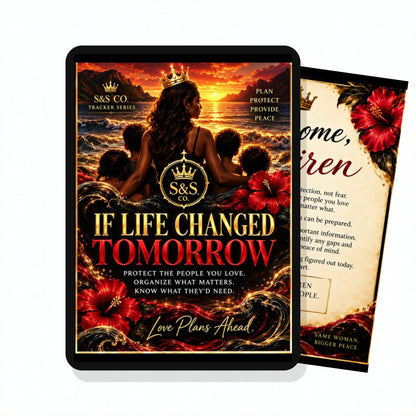 If Life Changed Tomorrow family protection tracker shown on a tablet, digital download by Siren and Social Co.
