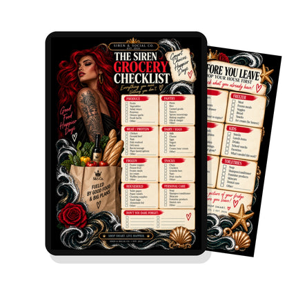 The Siren Grocery Checklist shown on a tablet, digital download by Siren and Social Co.