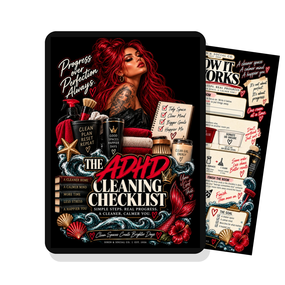 The ADHD Cleaning Checklist shown on a tablet, digital download by Siren and Social Co.