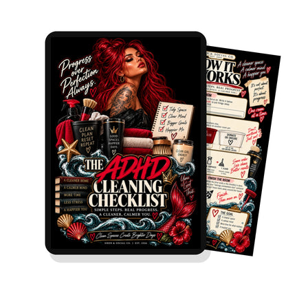 The ADHD Cleaning Checklist shown on a tablet, digital download by Siren and Social Co.