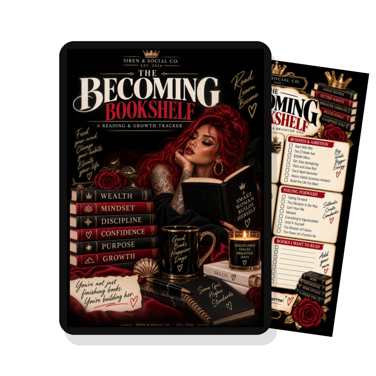 The Becoming Bookshelf reading and growth tracker shown on a tablet, digital download by Siren and Social Co.