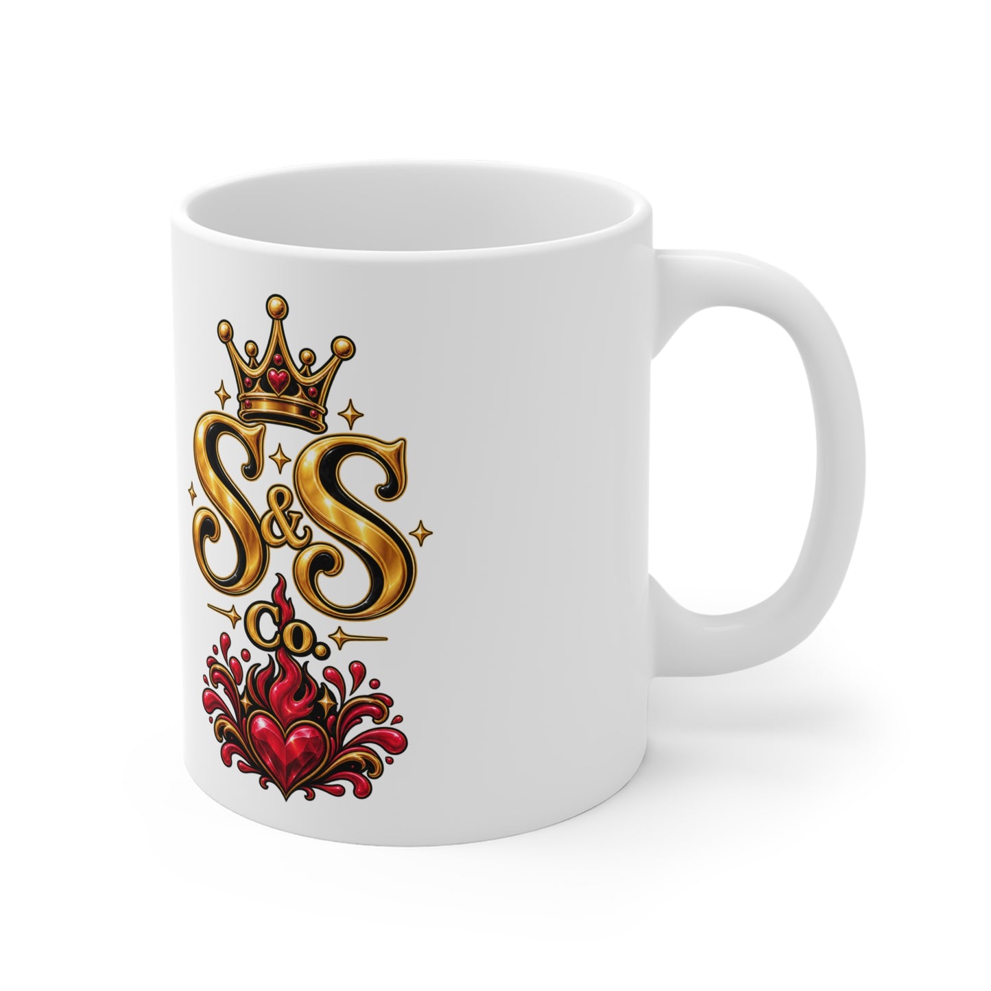 S&S Co. Crowned Heart 11oz Ceramic Mug — Retro Gold Logo Coffee Cup