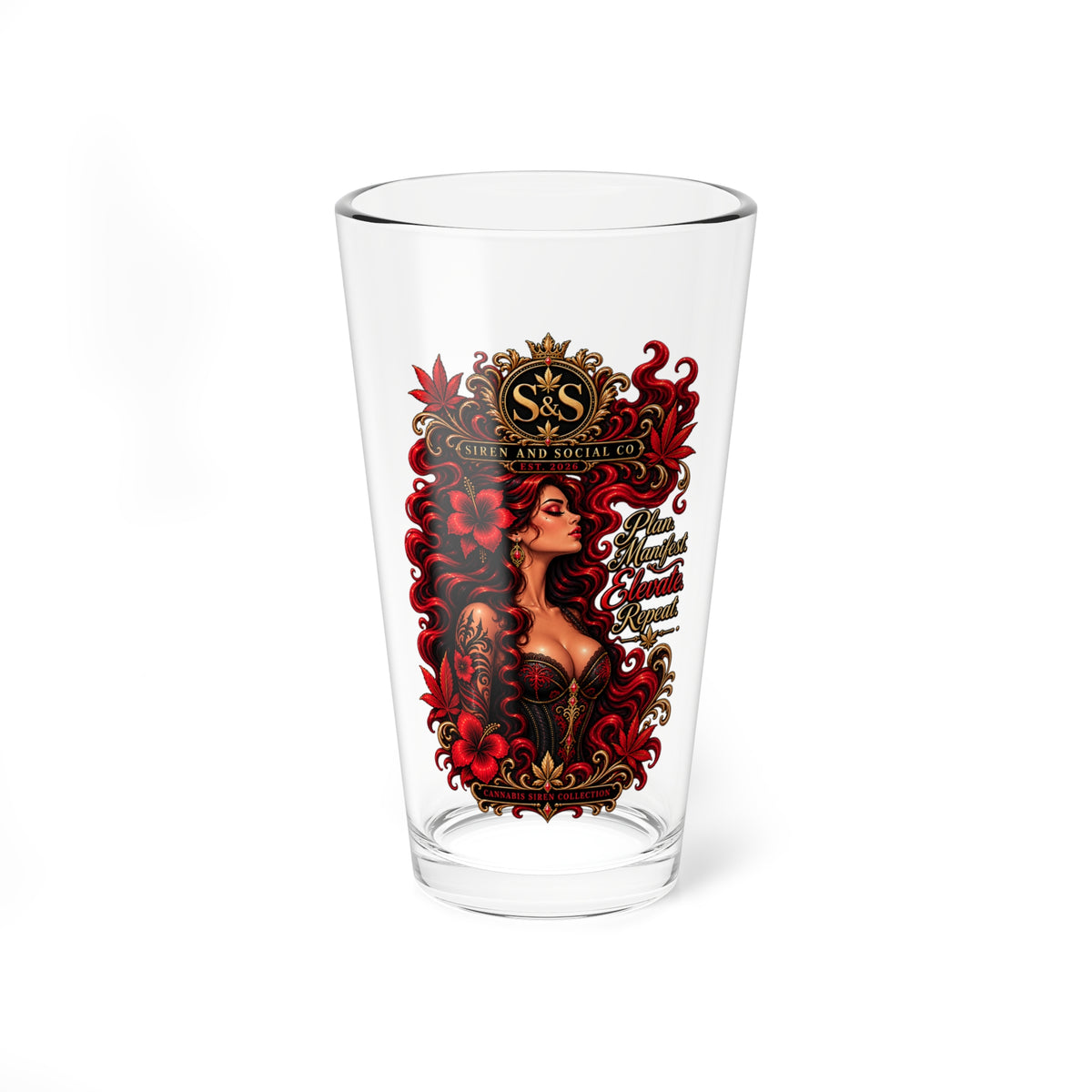 16oz Mixing Glass with Flaming Siren Crest — Barware Cocktail Stirring Glass