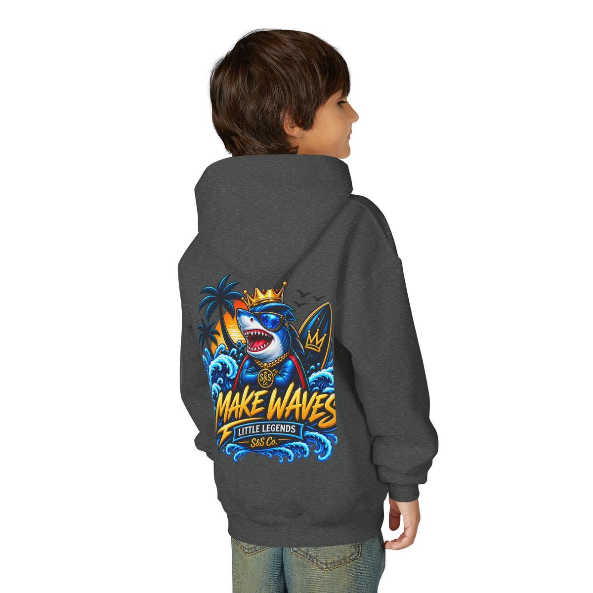 'Make Waves' Shark Surf Graphic with Crown & S&S Co Logo
