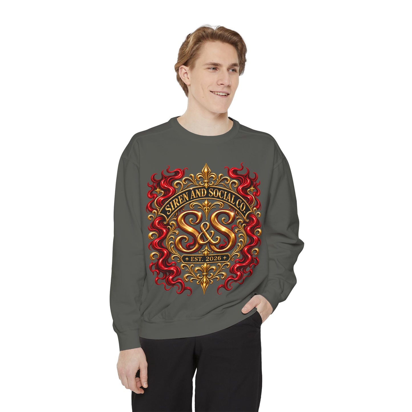 Siren & Social Co. Crewneck Sweatshirt — Vintage Gold & Red Crest