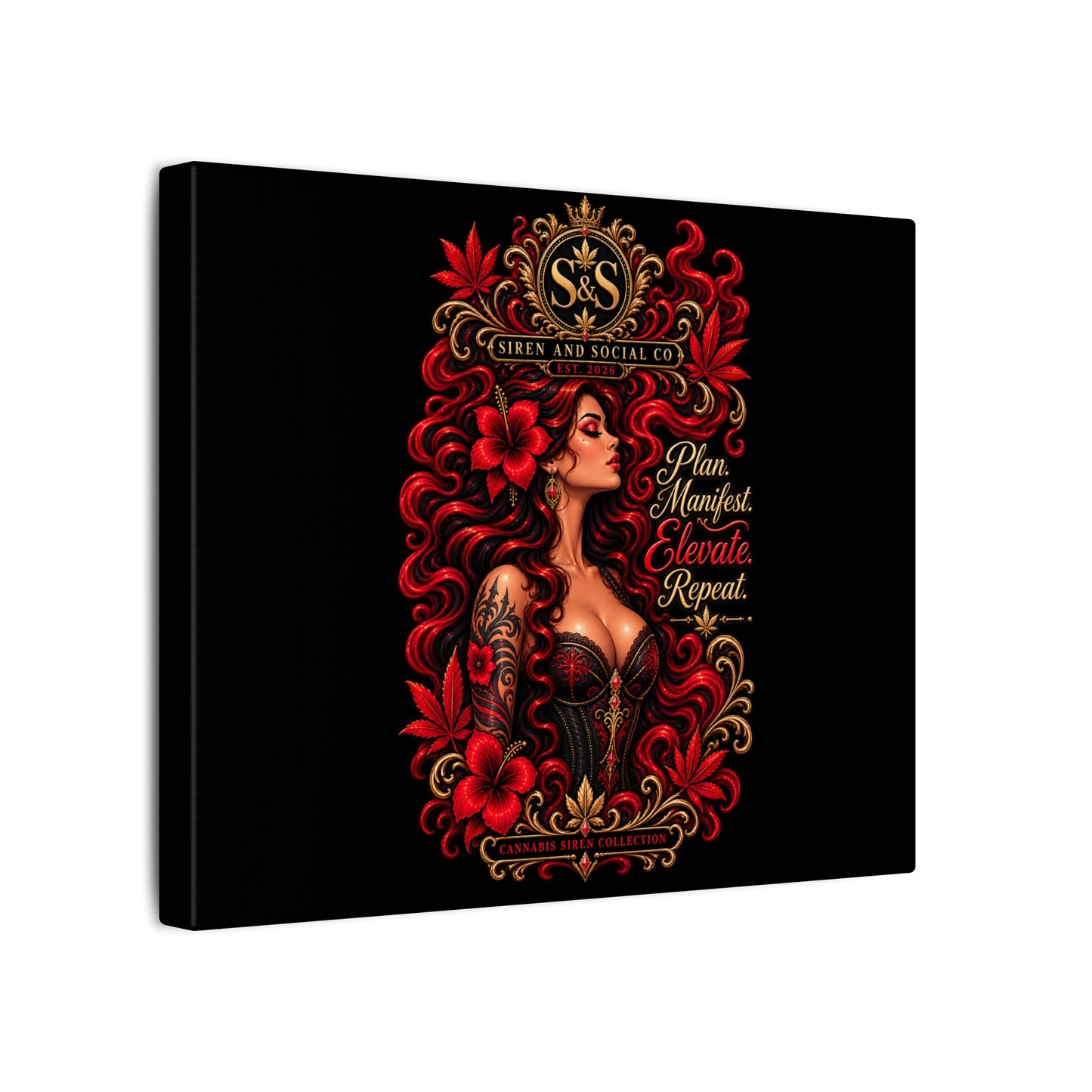 Motivational Art Canvas – "Plan. Manifest. Elevate. Repeat." Red-Haired Goddess Wall Decor