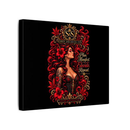 Motivational Art Canvas – "Plan. Manifest. Elevate. Repeat." Red-Haired Goddess Wall Decor