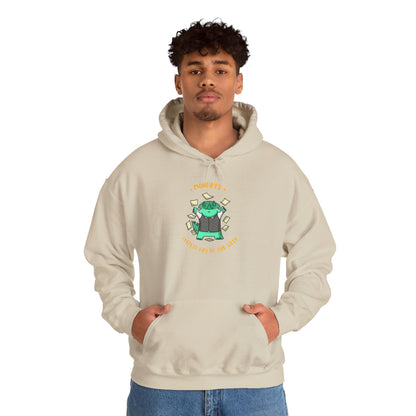 Money Monster Hoodie — Cute Green Creature Throwing Cash Graphic Sweatshirt