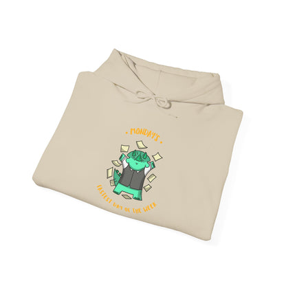 Money Monster Hoodie — Cute Green Creature Throwing Cash Graphic Sweatshirt