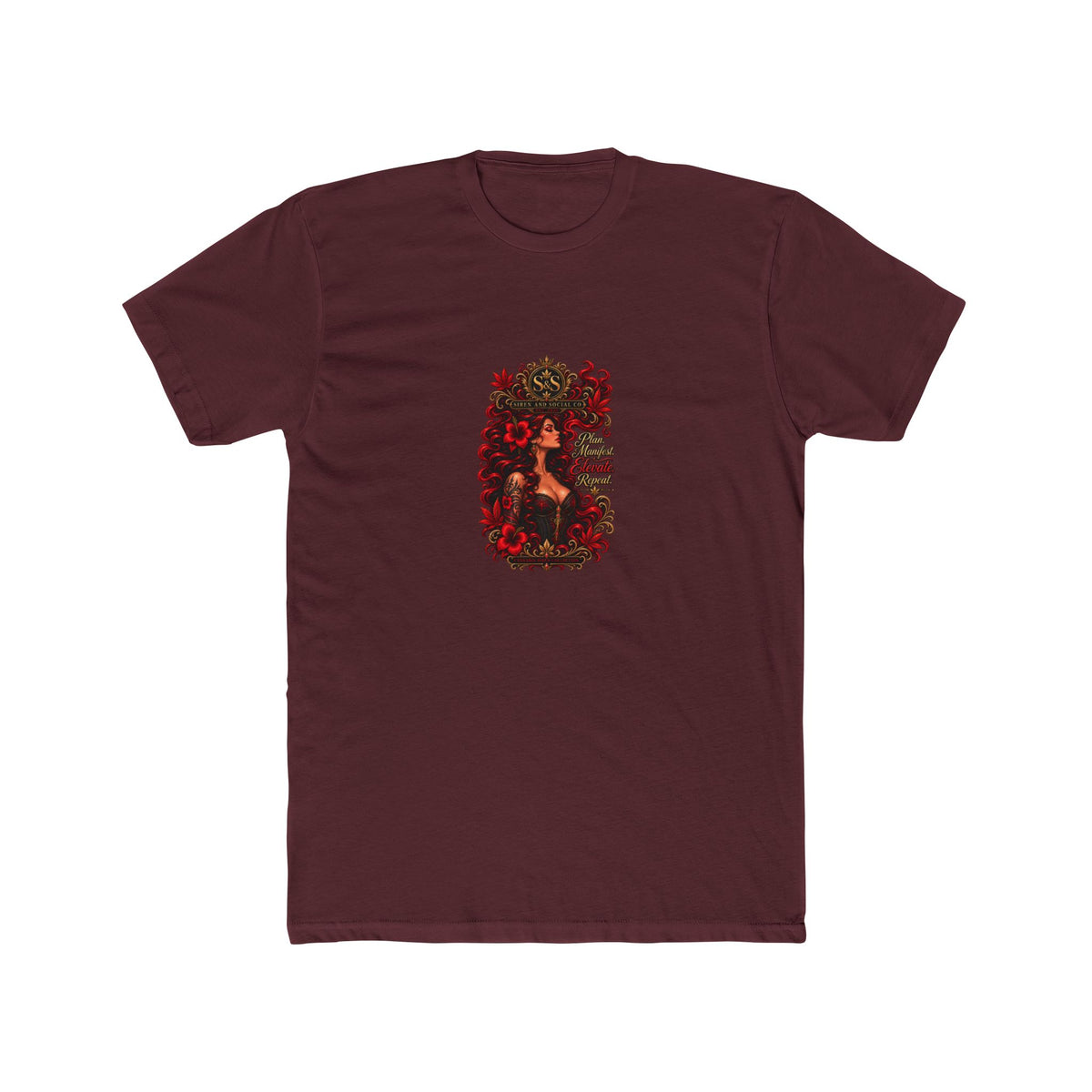 Gothic Siren Graphic Tee — Red Rose Woman Crest T‑Shirt