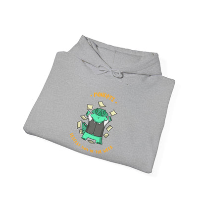 Money Monster Hoodie — Cute Green Creature Throwing Cash Graphic Sweatshirt