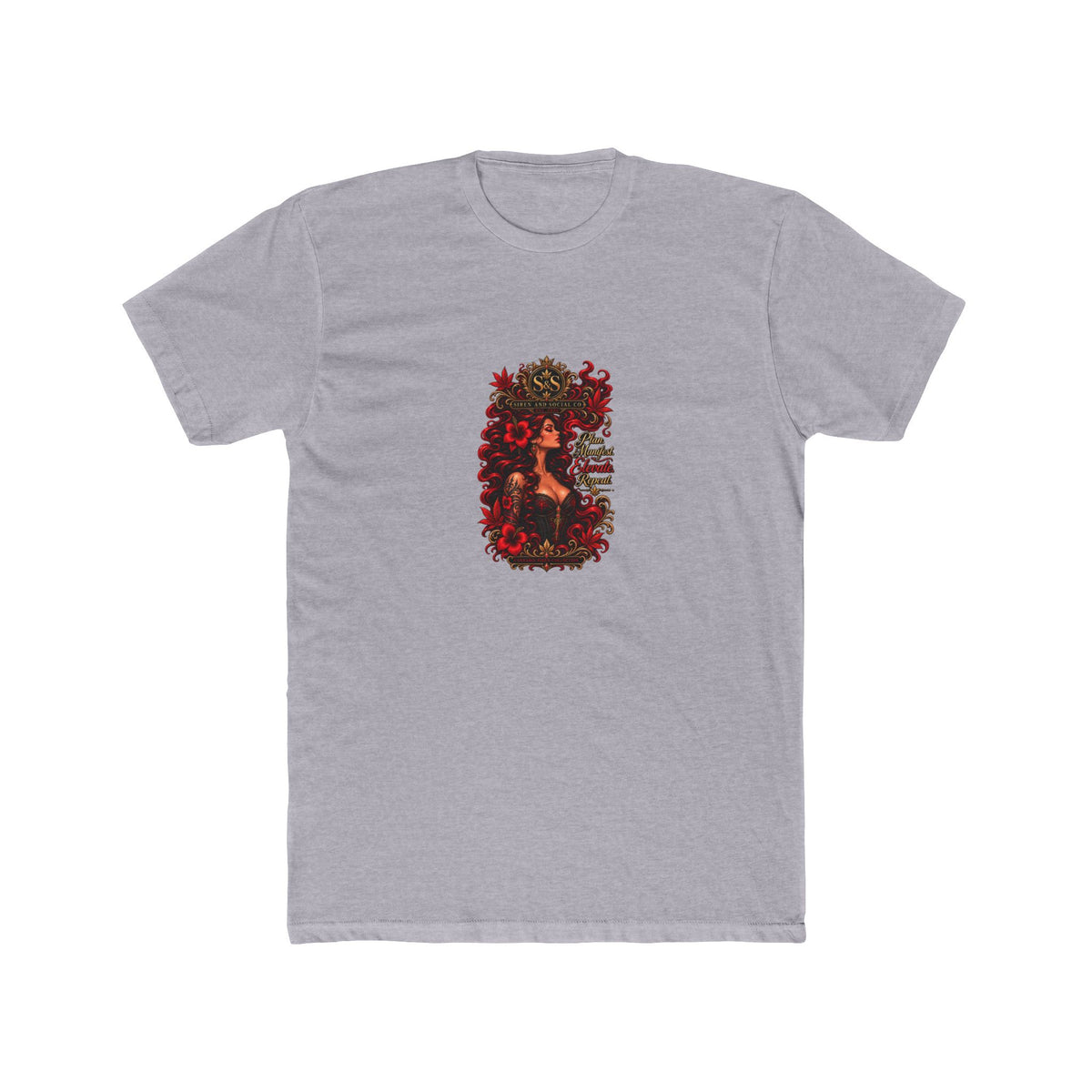 Gothic Siren Graphic Tee — Red Rose Woman Crest T‑Shirt