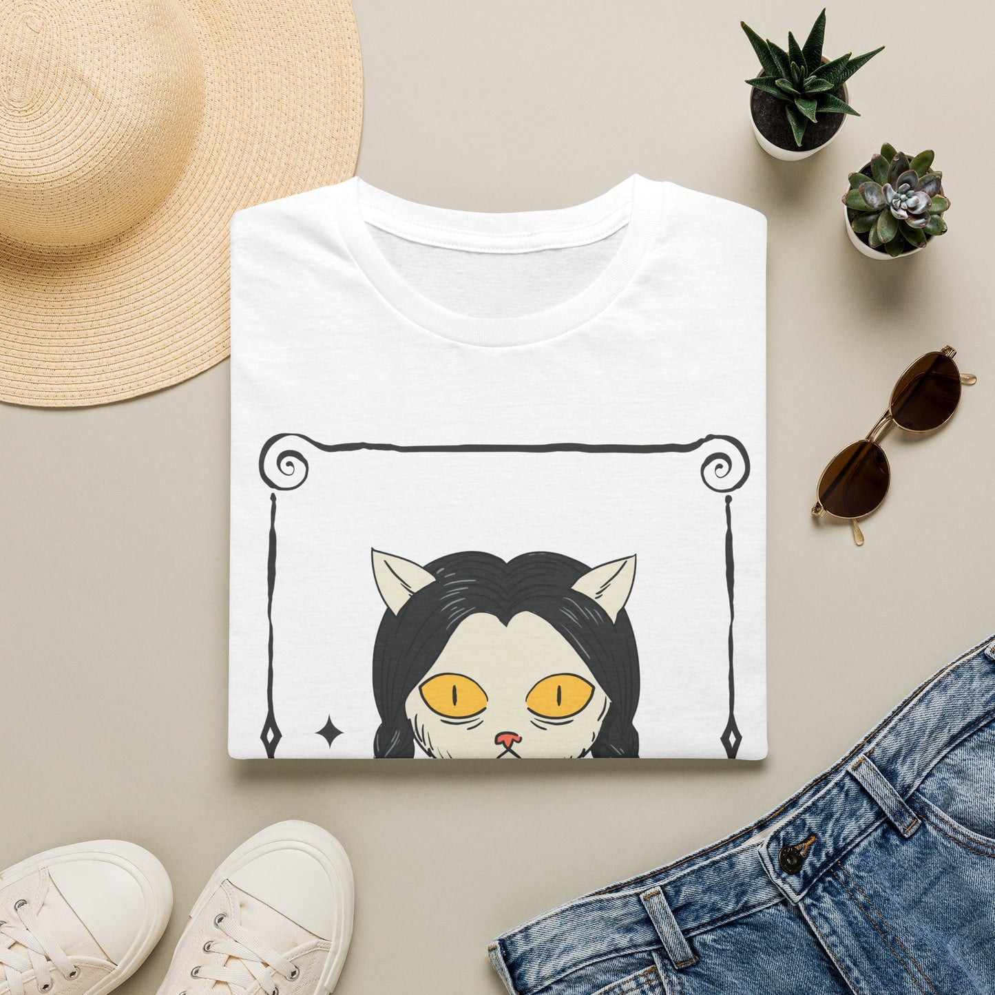 Mystic Cat Witch T‑Shirt — Yellow‑Eyed Wedneday Vibe Graphic Tee