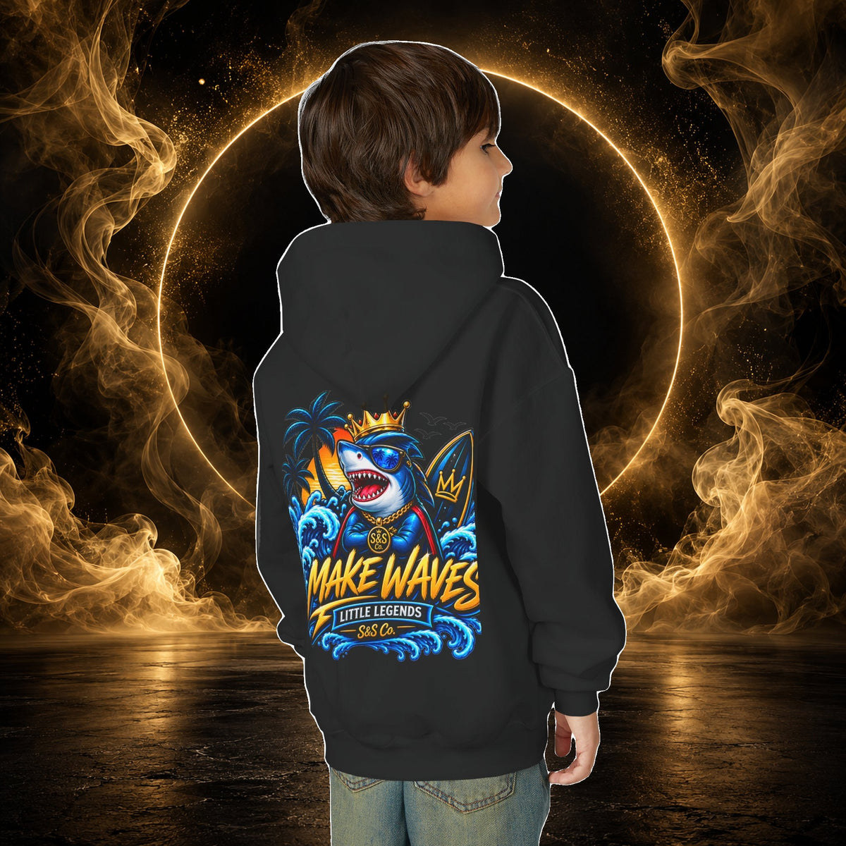'Make Waves' Shark Surf Graphic with Crown & S&S Co Logo