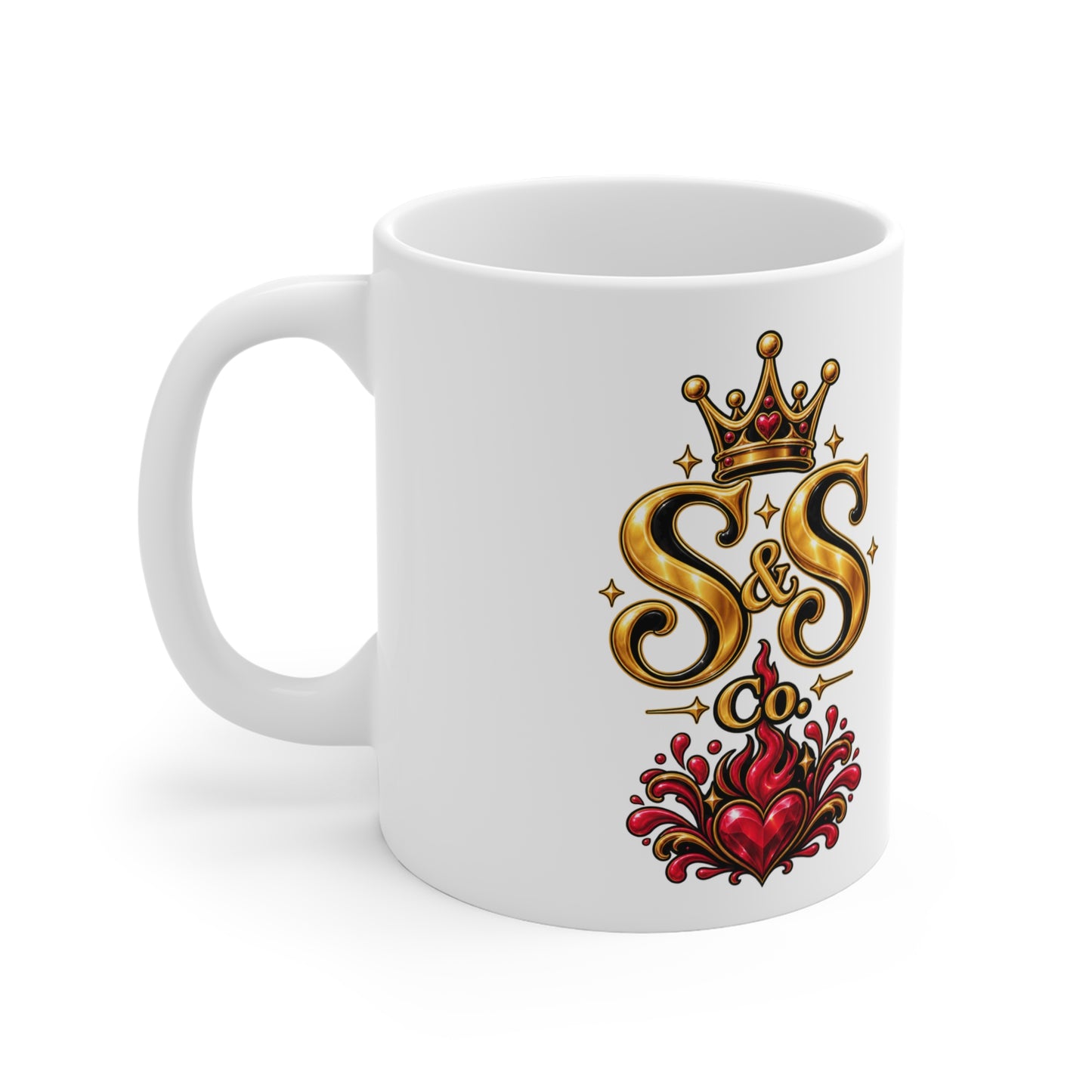 S&S Co. Crowned Heart 11oz Ceramic Mug — Retro Gold Logo Coffee Cup