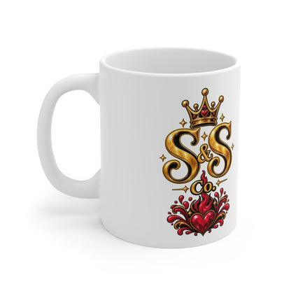 S&S Co. Crowned Heart 11oz Ceramic Mug — Retro Gold Logo Coffee Cup