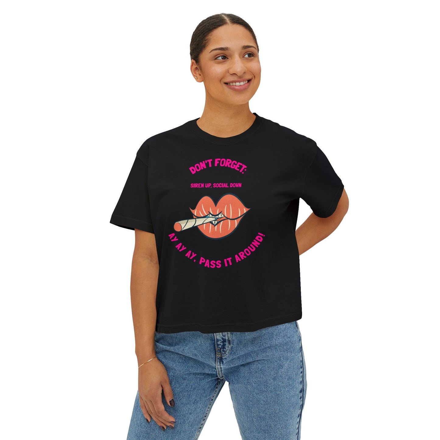Boxy Tee — "Don't Forget: Social Call" Lip and Joint Graphic Cropped Shirt