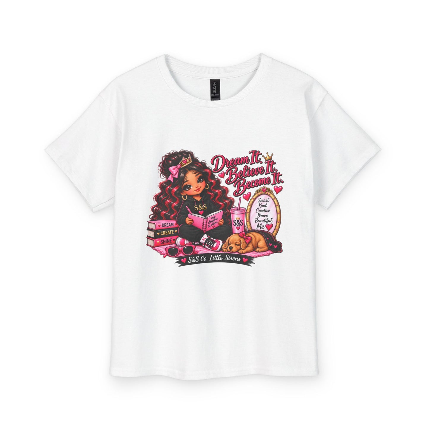 Kids Reading T‑Shirt — "Dream Big, Read Big" Girl with Books & Sleeping Puppy