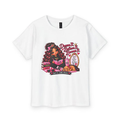 Kids Reading T‑Shirt — "Dream Big, Read Big" Girl with Books & Sleeping Puppy