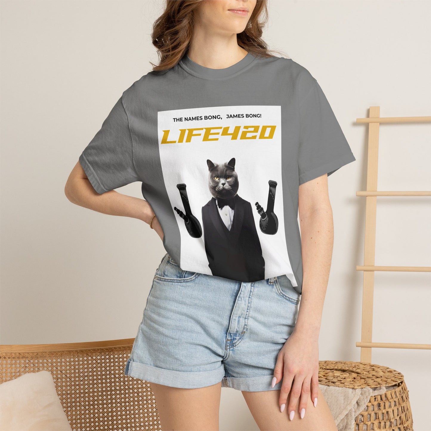 T-Shirt — 'LIFE420' Cat in Tuxedo Graphic Tee (James Bond Parody)