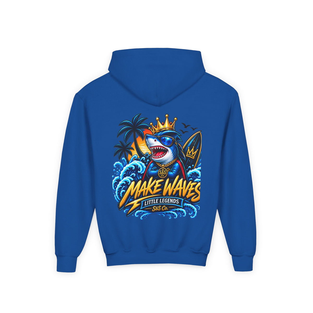 'Make Waves' Shark Surf Graphic with Crown & S&S Co Logo