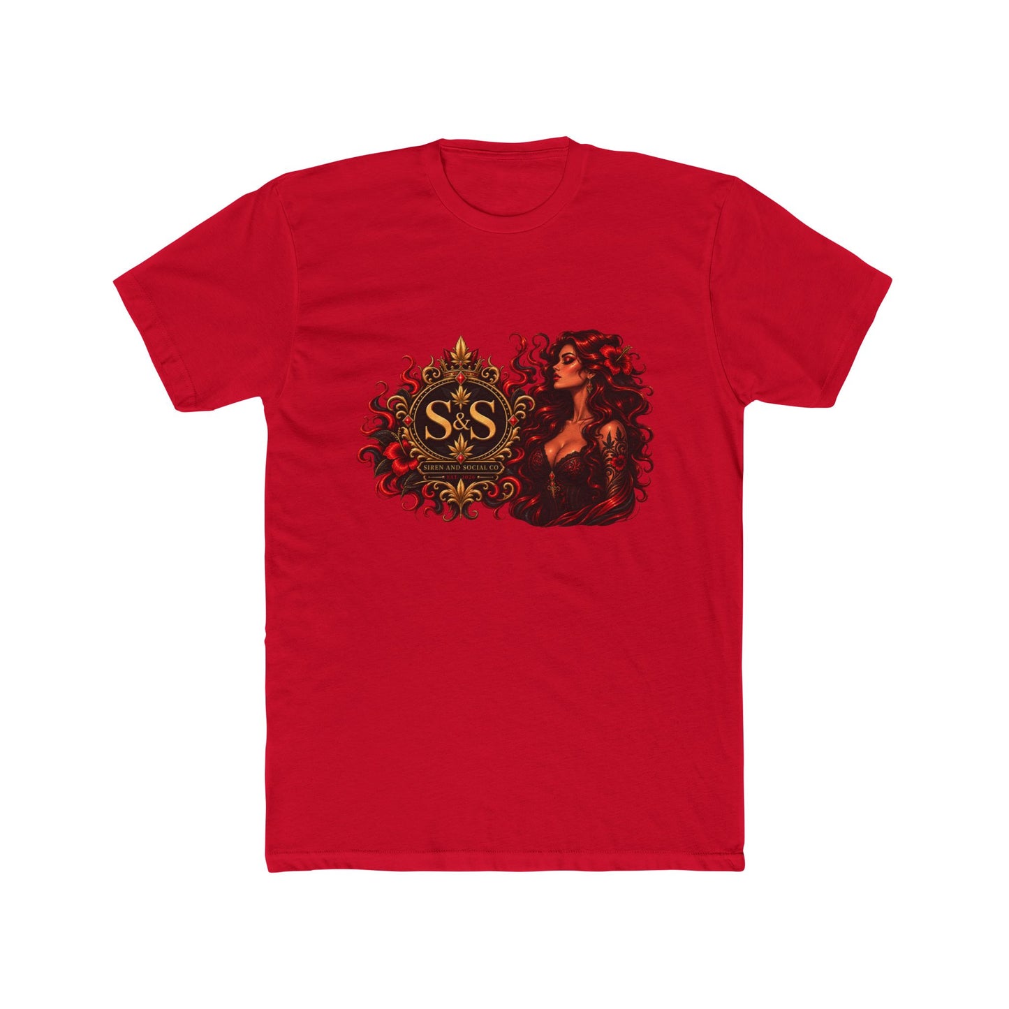 Gothic Siren Graphic Tee — Red Rose Woman Crest T‑Shirt