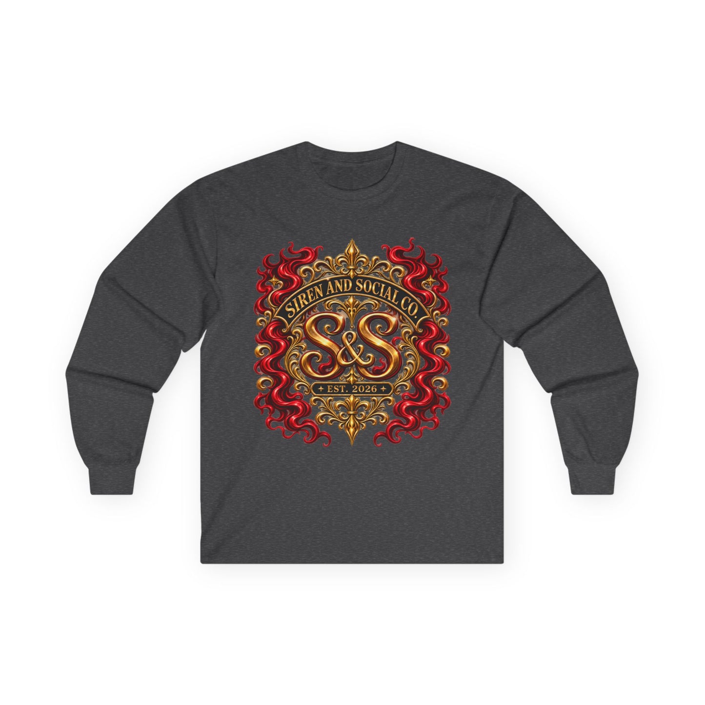 Heraldic Crest Long Sleeve Tee — 'Skin and Skull Co.' Gothic Emblem