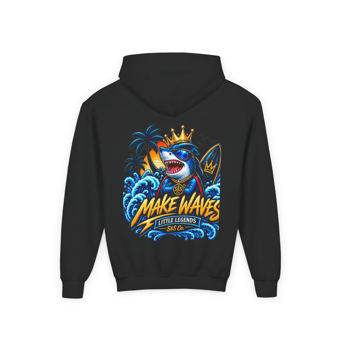 'Make Waves' Shark Surf Graphic with Crown & S&S Co Logo