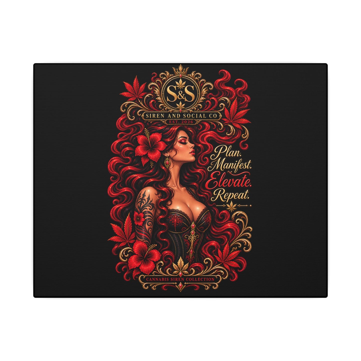 Motivational Art Canvas – "Plan. Manifest. Elevate. Repeat." Red-Haired Goddess Wall Decor