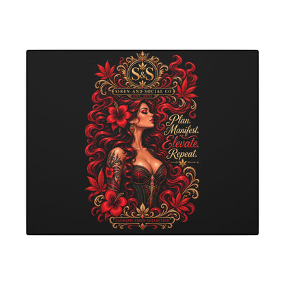 Motivational Art Canvas – "Plan. Manifest. Elevate. Repeat." Red-Haired Goddess Wall Decor
