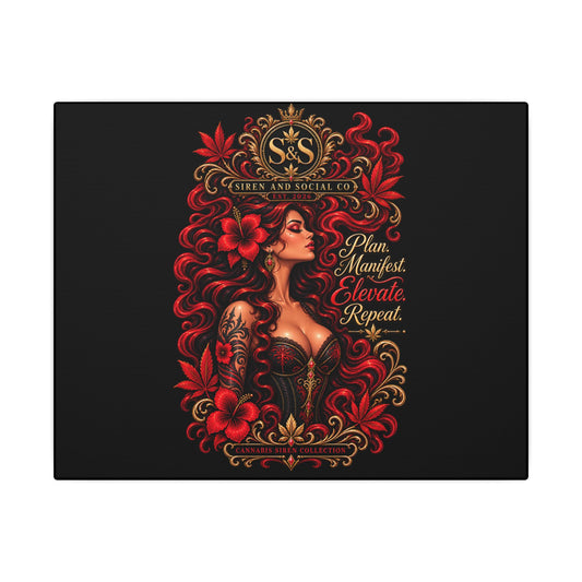 Motivational Art Canvas – "Plan. Manifest. Elevate. Repeat." Red-Haired Goddess Wall Decor