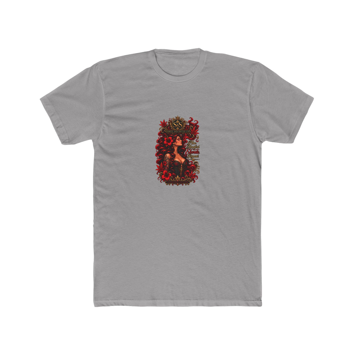Gothic Siren Graphic Tee — Red Rose Woman Crest T‑Shirt