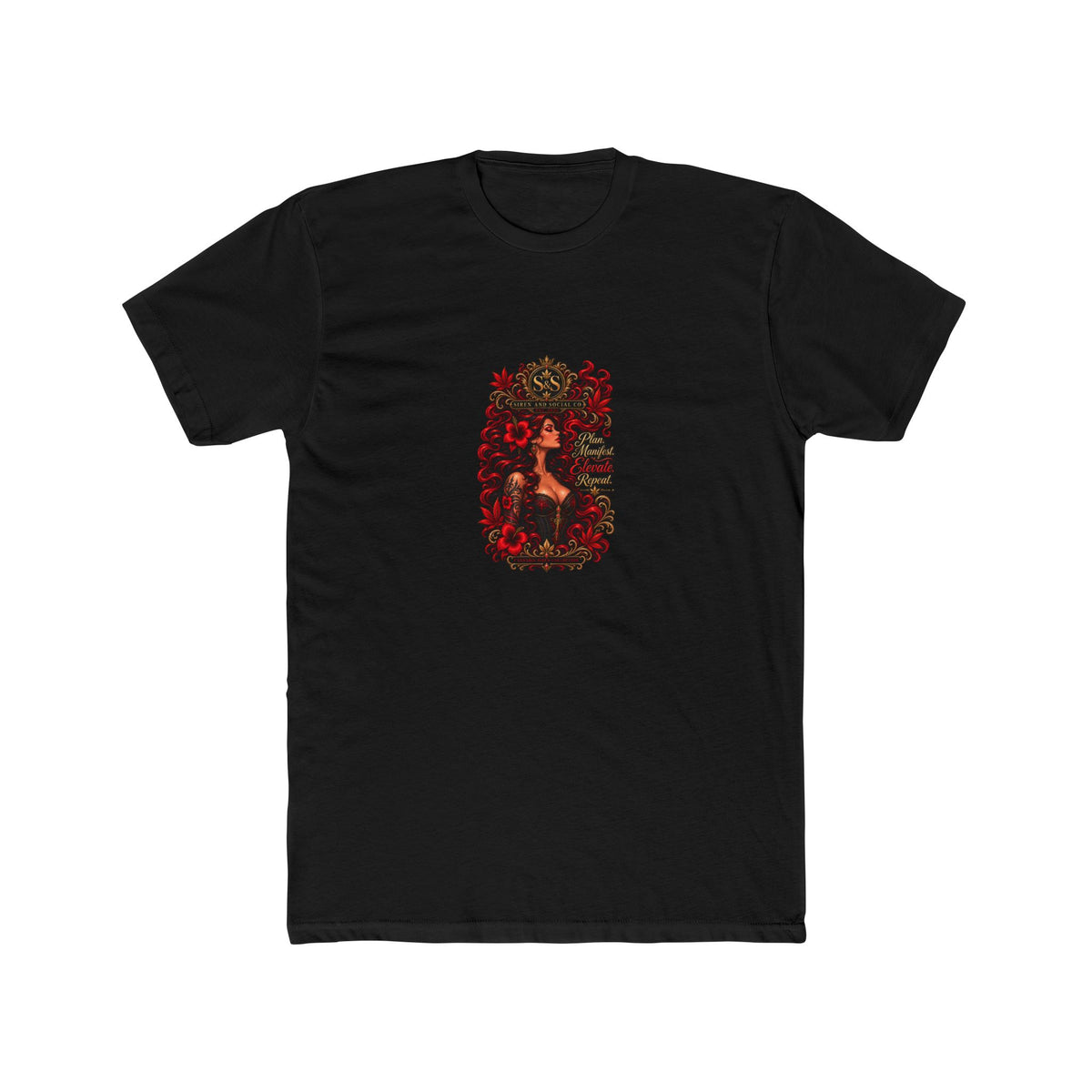 Gothic Siren Graphic Tee — Red Rose Woman Crest T‑Shirt