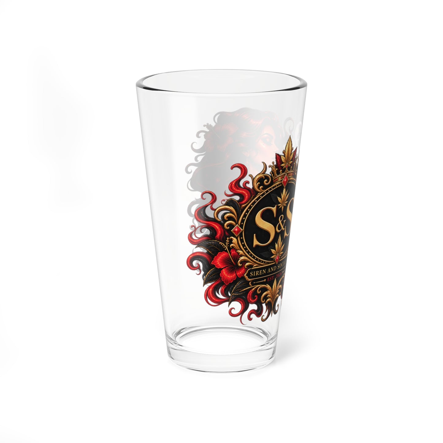16oz Mixing Glass with Flaming Siren Crest — Barware Cocktail Stirring Glass