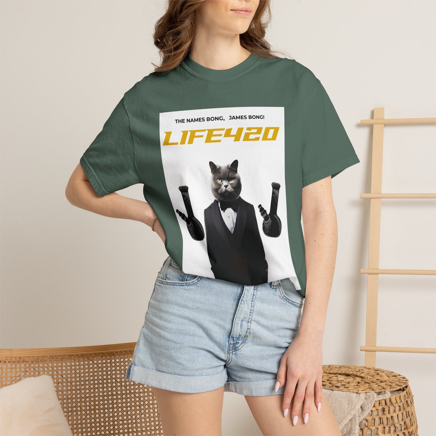 T-Shirt — 'LIFE420' Cat in Tuxedo Graphic Tee (James Bond Parody)