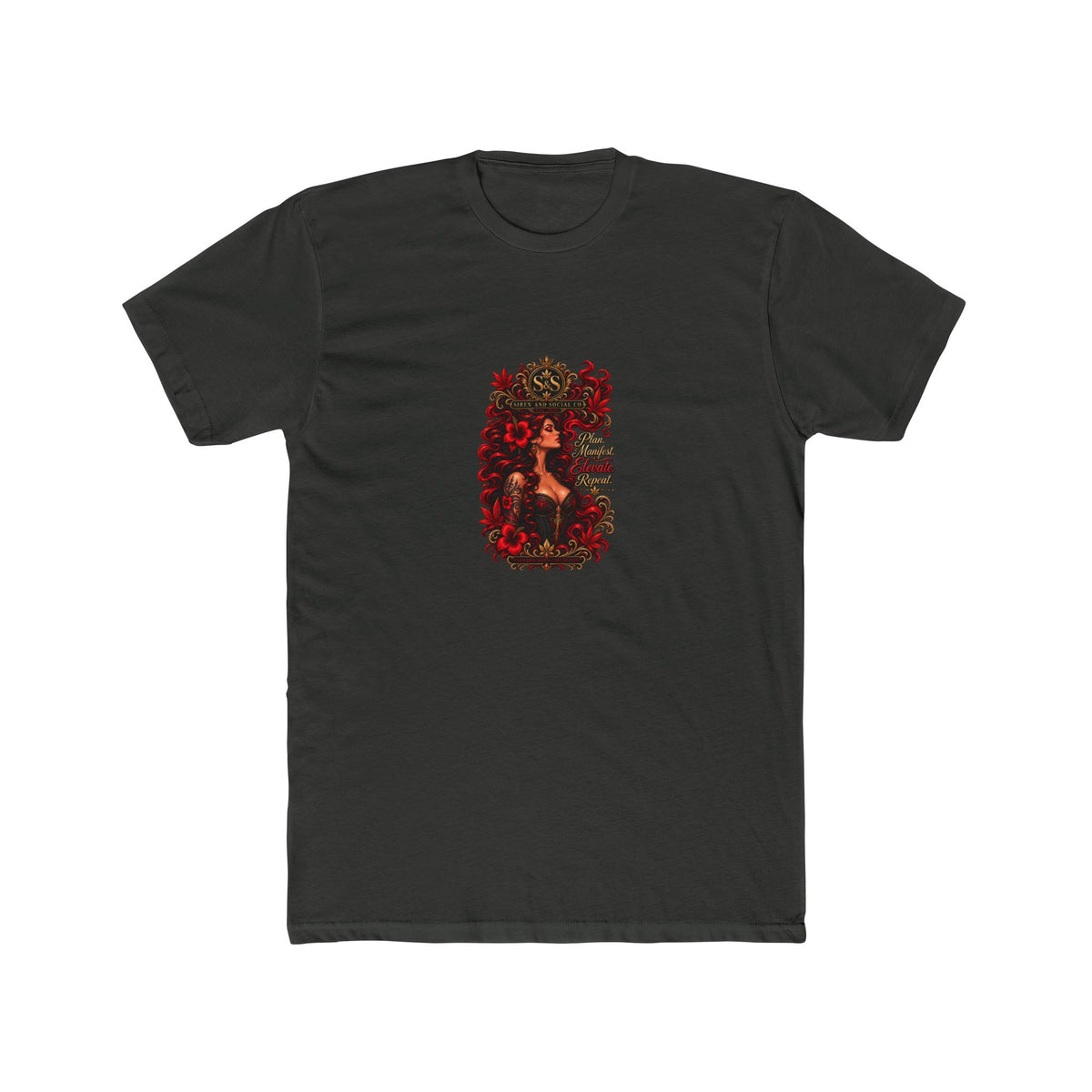 Gothic Siren Graphic Tee — Red Rose Woman Crest T‑Shirt