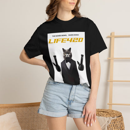 T-Shirt — 'LIFE420' Cat in Tuxedo Graphic Tee (James Bond Parody)