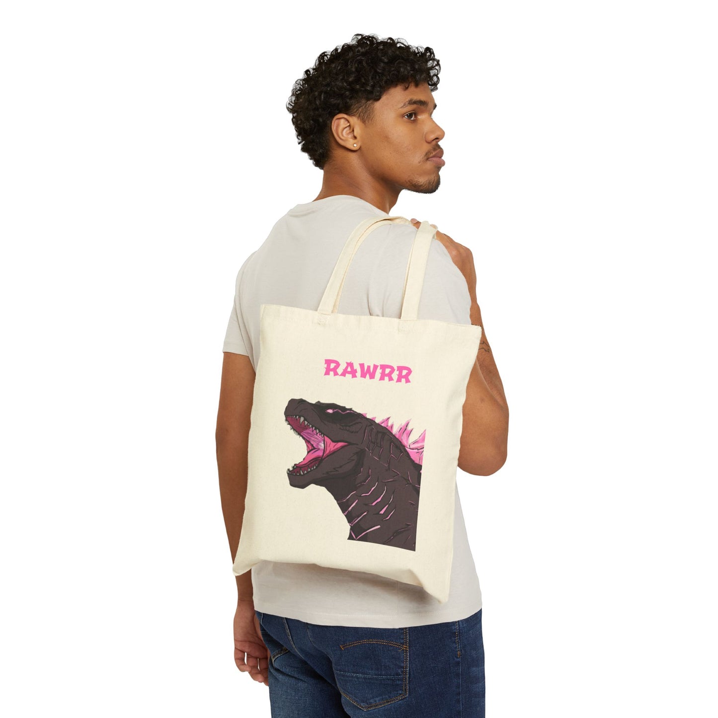 Dinosaur 'RAWRR' Canvas Tote Bag — Cute Pink Godzilla Shopper