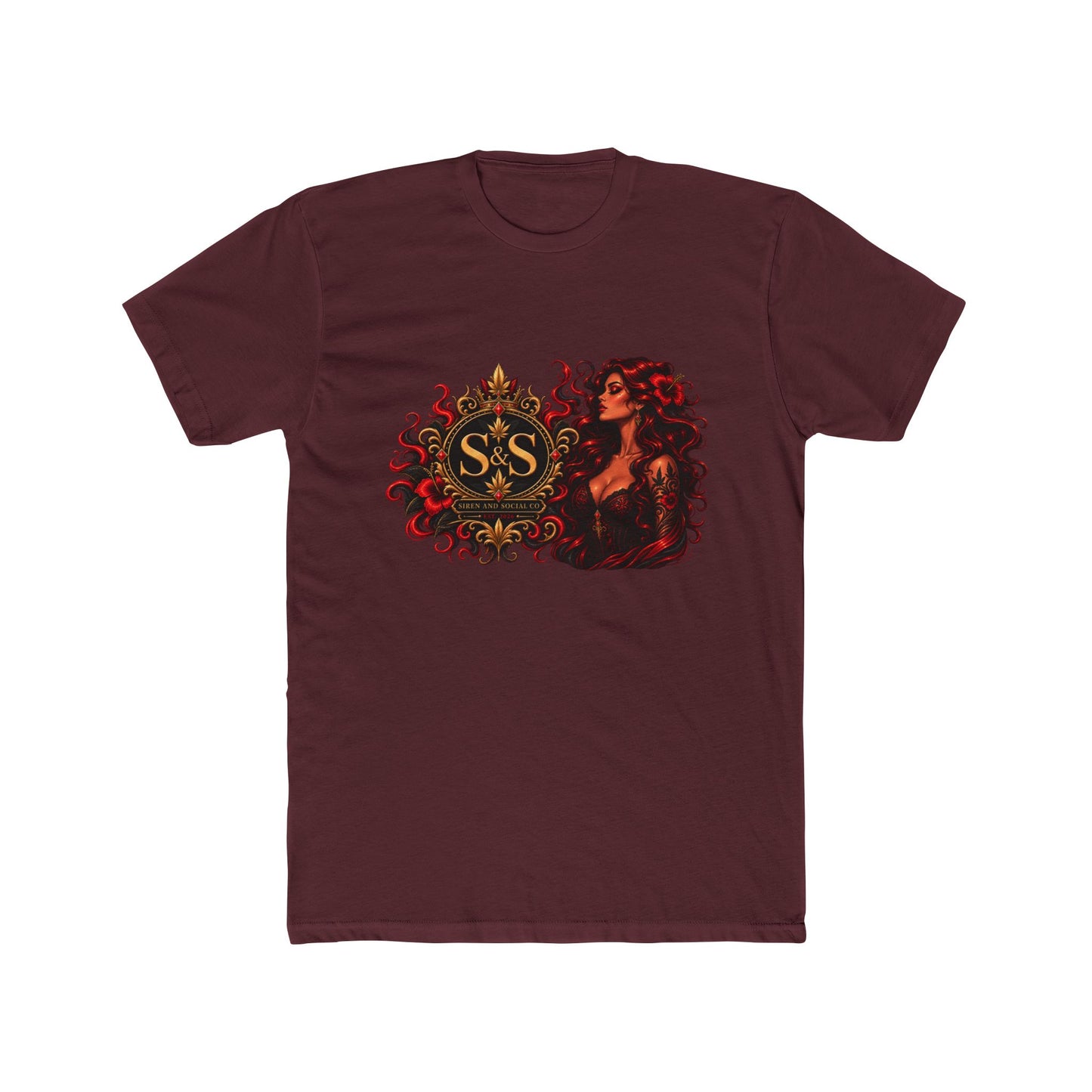 Gothic Siren Graphic Tee — Red Rose Woman Crest T‑Shirt