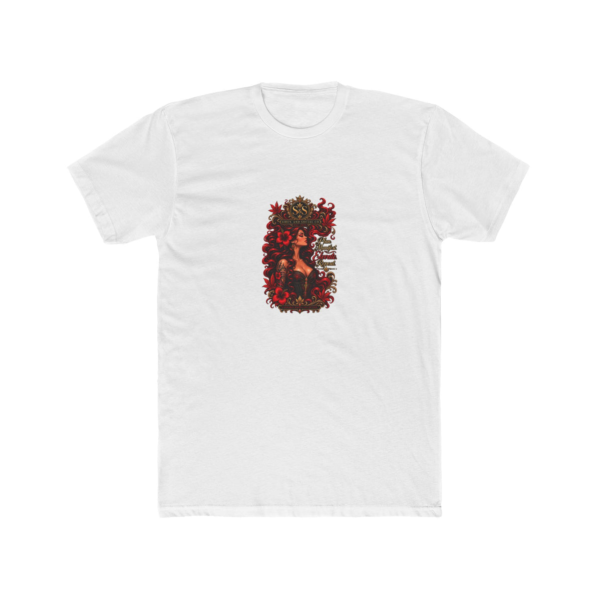 Gothic Siren Graphic Tee — Red Rose Woman Crest T‑Shirt