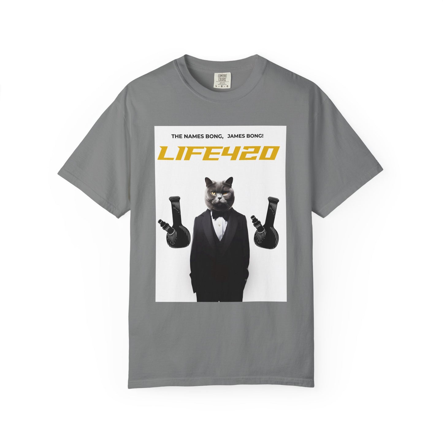 T-Shirt — 'LIFE420' Cat in Tuxedo Graphic Tee (James Bond Parody)