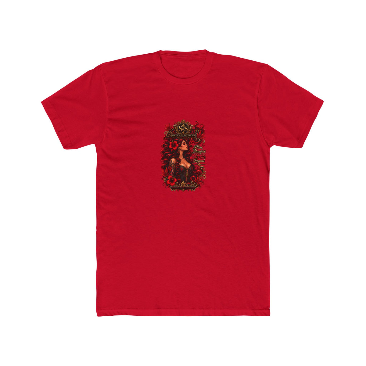 Gothic Siren Graphic Tee — Red Rose Woman Crest T‑Shirt