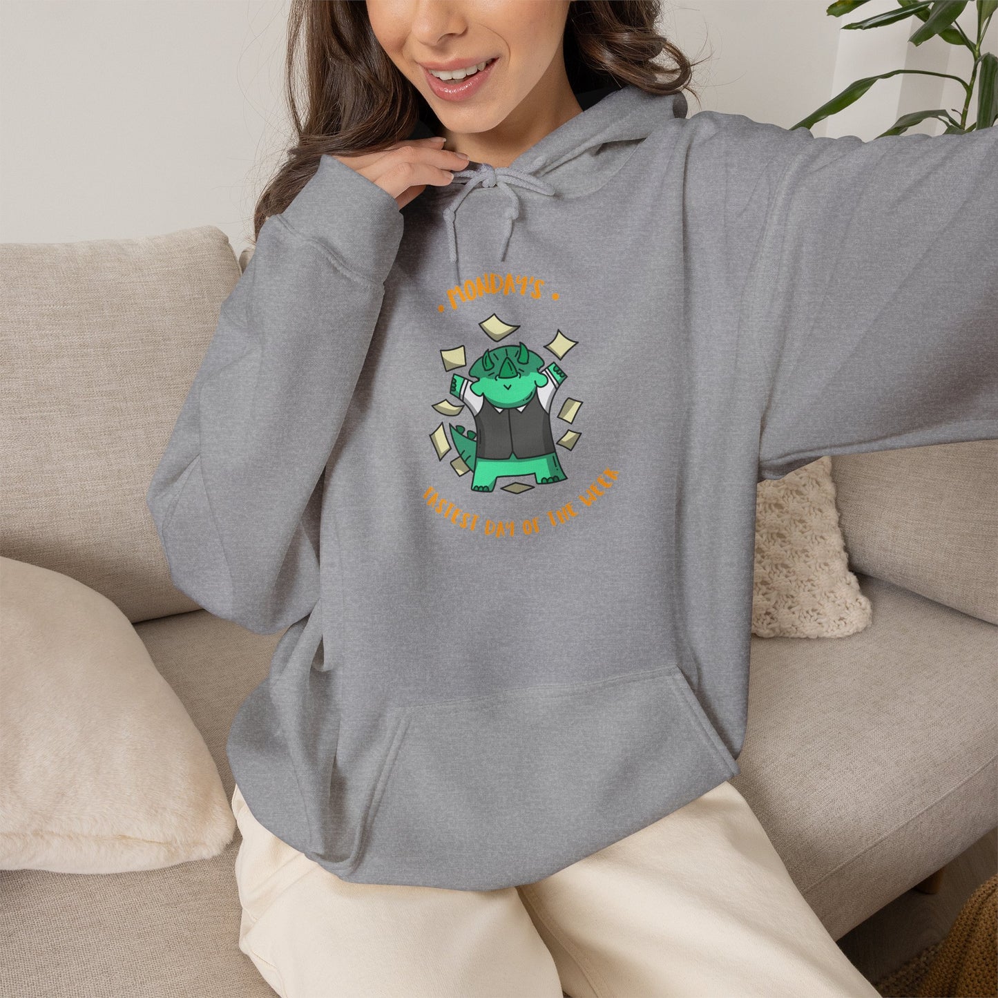 Money Monster Hoodie — Cute Green Creature Throwing Cash Graphic Sweatshirt