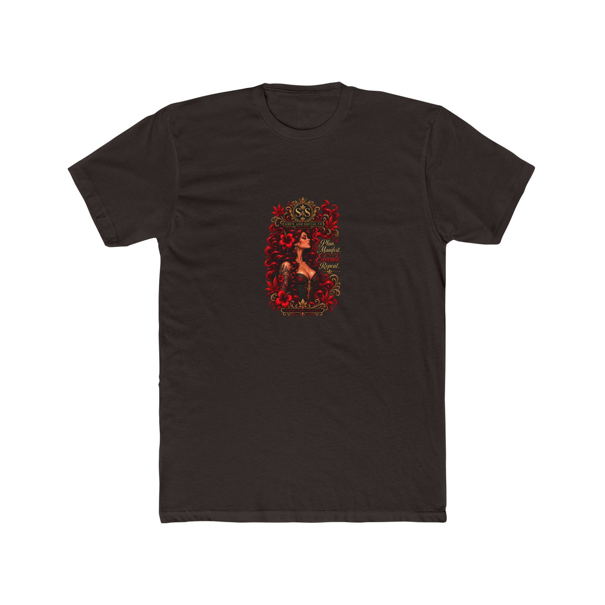 Gothic Siren Graphic Tee — Red Rose Woman Crest T‑Shirt