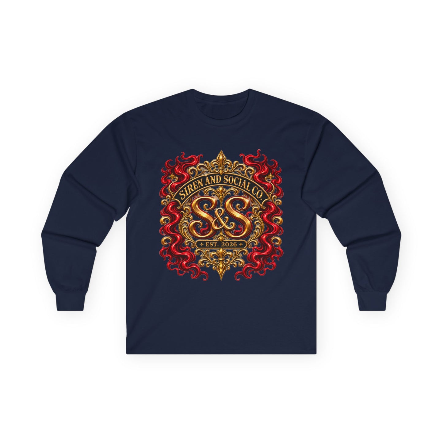 Heraldic Crest Long Sleeve Tee — 'Skin and Skull Co.' Gothic Emblem