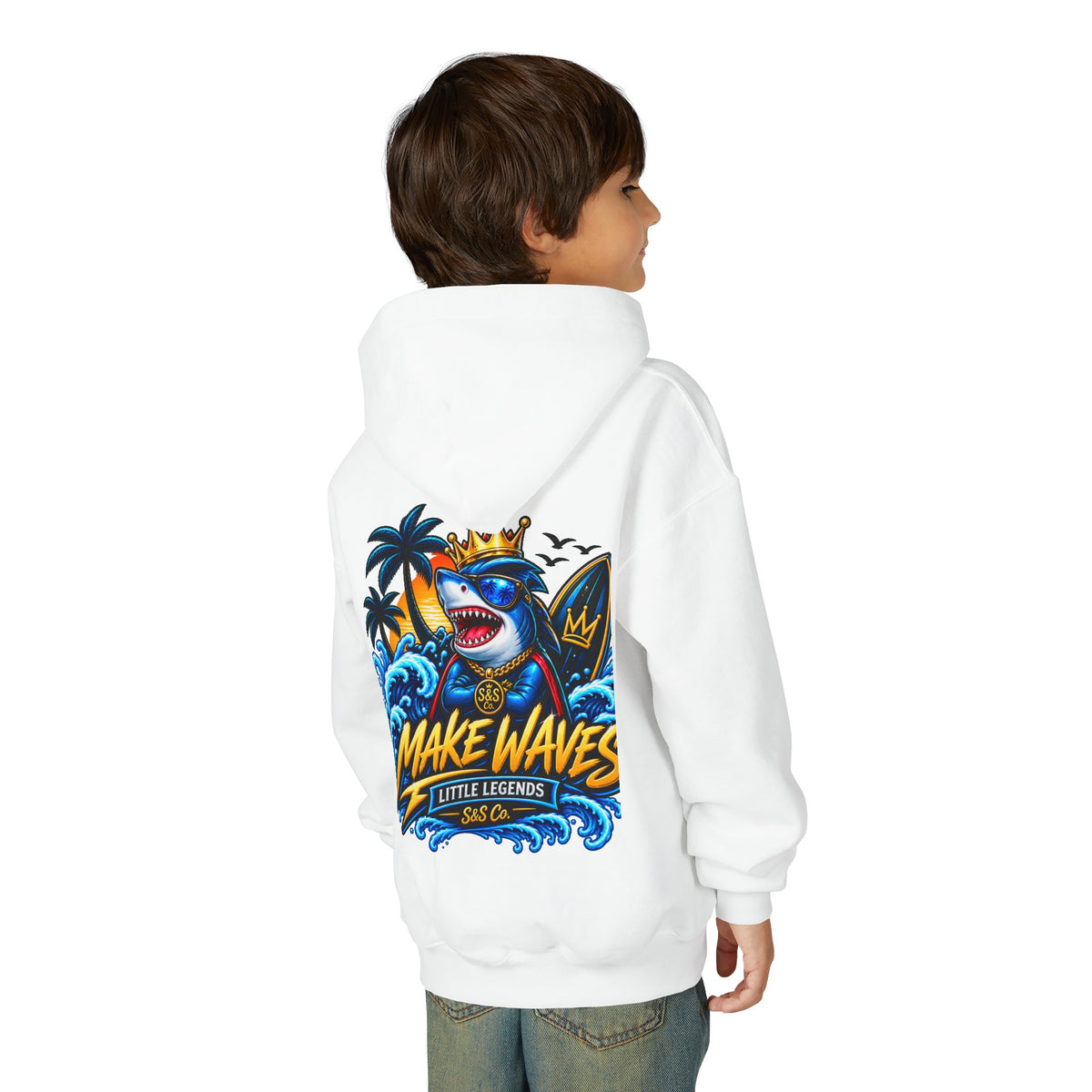 'Make Waves' Shark Surf Graphic with Crown & S&S Co Logo