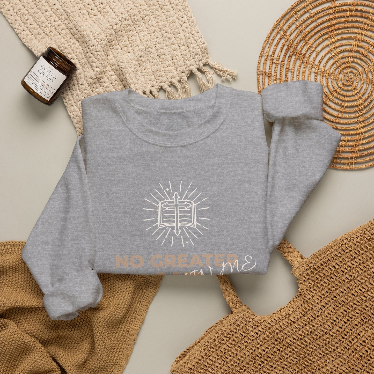 Crewneck Sweatshirt — "No Greater He Who" Inspirational Christian Quote